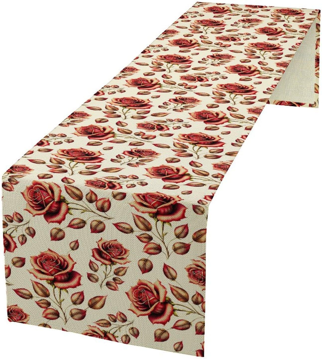 Retro Rose Table Runner, Romantic Love Elegant Plant Red Golden Flower Print Table Runner for Kitchen Dinning Table Runner Decor Home Wedding Party Holiday, 13x90 Inch
