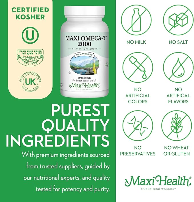 Maxi Health Omega 3 Fish Oil 2000mg – Fish Oil Omega 3 Supplements with No Fishy Aftertaste – Triple Strength EPA DHA – Kosher Omega3 Supplement to Help Support Overall Wellness (100 Softgels)