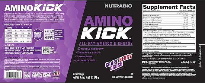 NutraBio Amino Kick – BCAA Powder with Natural Caffeine – Amino Acids Supplement for Energy, Hydration & Recovery – BCAAs, Electrolytes & Amino Acids – Grape Berry Crush, 30 Servings