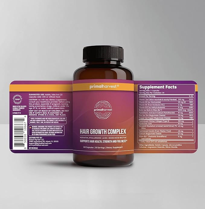 Primal Harvest Hair Growth Vitamins, 2 Pack - 120 Pills, Natural Hair Regrowth, Thickening, and Supplement for Men & Women with Biotin & Zinc