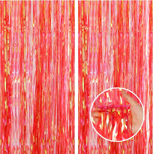 CANREVEL 2 Pack 3.2x6.5 Feet Iridescent Foil Fringe Backdrop Curtains, Clear Red Tinsel Photo Booth Props Streamers Party Decorations for Birthdays Christmas Valentines Day Party