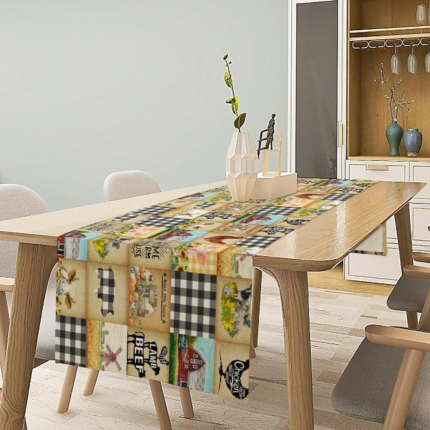 Farmhouse Animals Table Runner,Rustic Cabin Pig Chicken Cow Sunflowers Geometric Grids Burlap for Hotel Indoors Outdoor Dining Room Kitchen Holiday Party, 13x60in