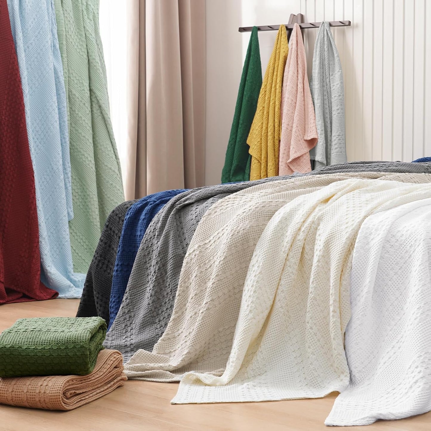 PHF 100% Cotton Waffle Weave Blanket Queen Size for Bed, Soft Lightweight & Breathable, All-Season Comfort, Luxury Aesthetic Woven Bedding for Home Decor, 90"x90", Bright Navy Blue