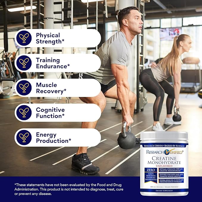Research Verified Creatine Monohydrate - Support Optimal Muscle Growth, Enhance Performance - 5000mg Creatine Monohydrate - BioPerine - 60 Servings - Unflavored - Vegan