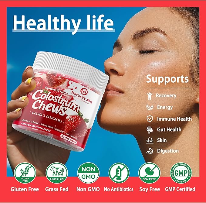 Colostrum Chews Supplement with probiotics for Gut Health, Bloating, Immune Support, Skin, Hair Growth and Beauty - Strawberry Flavor (60 Servings)
