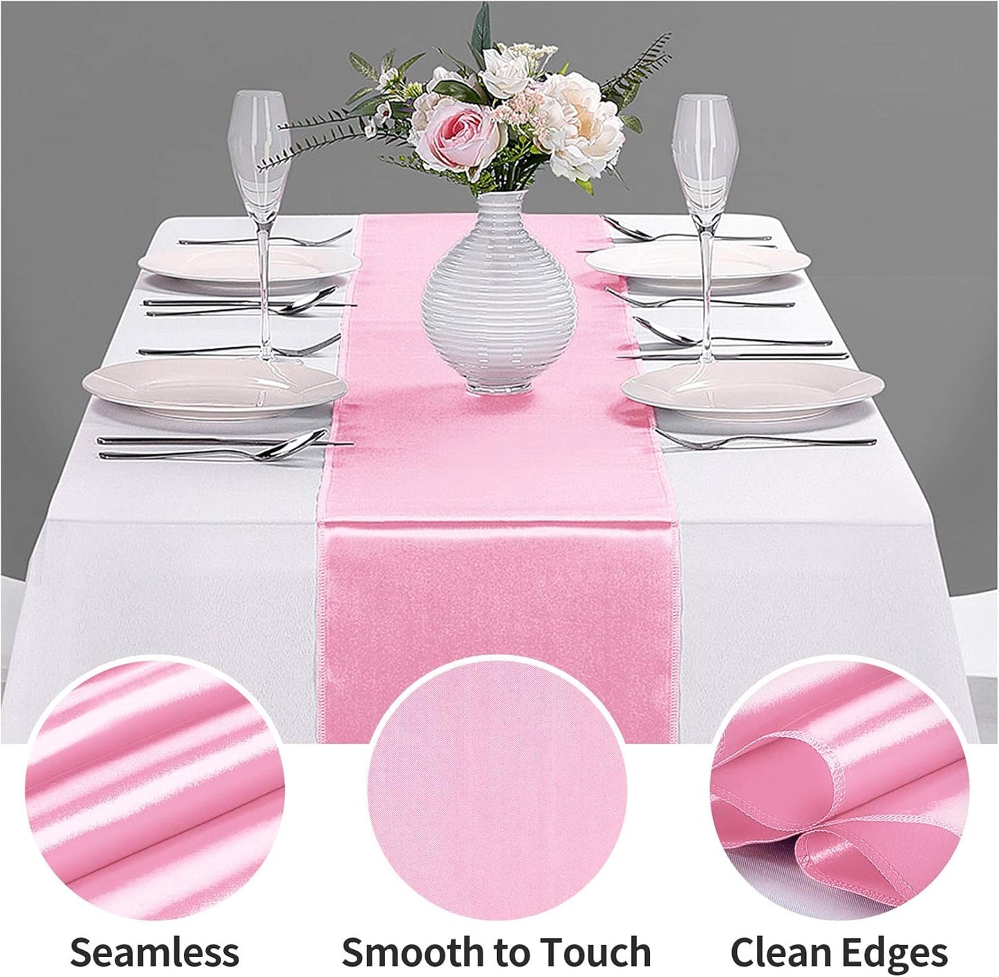5-Pack Satin Table Runner Pink 12 x 108 inches Long, Table Runners for Wedding, Birthday Parties, Banquets Decorations（5 Pack, 12x108 Inch, Pink）