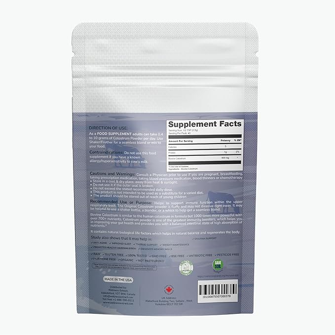 Bovine Colostrum Powder Rich in Protein & Lactoferrin- The True Certified Supplement for Immune Support, Gut Health, Muscle Growth - 60g
