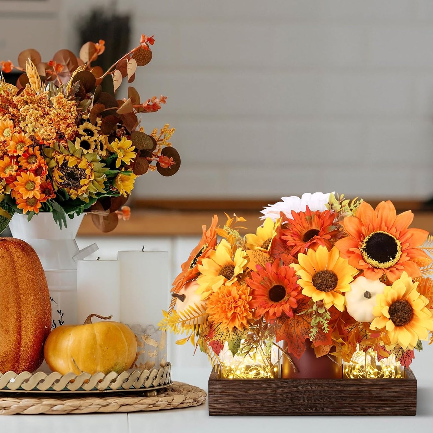 3 Pcs Fall Thanksgiving Tables Centerpieces Mason Jar Table Decor Set, Farmhouse Autumn Pumpkin Maple Leaf Branches Potted Plant with Wood Tray & LED Light, Harvest Dining Table Centerpieces