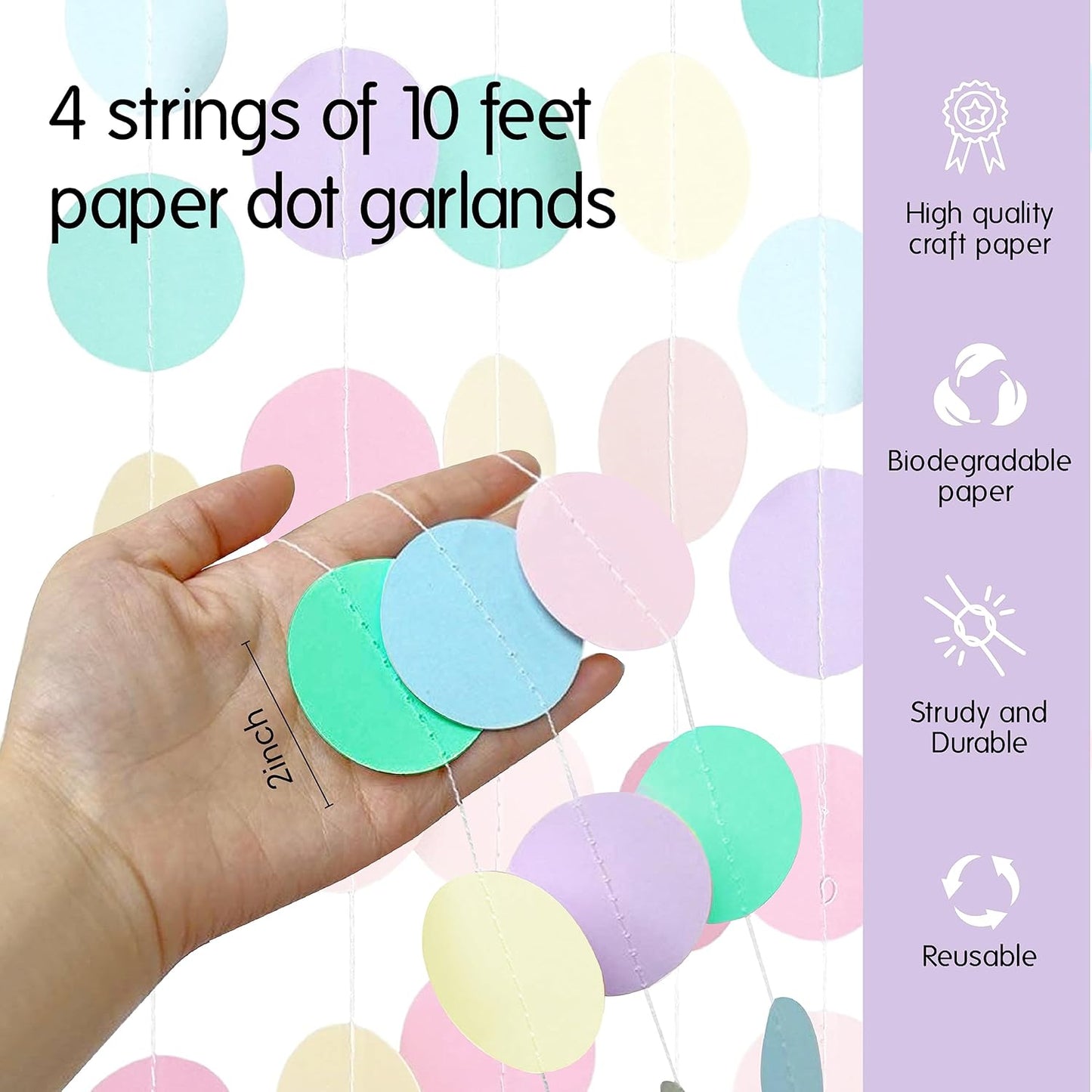 Chloe Elizabeth Circle Dots Paper Party Garland Streamer Backdrop (4-Pack, 10 Feet Per Garland, 40 Feet Total) - Rainbow Pastel