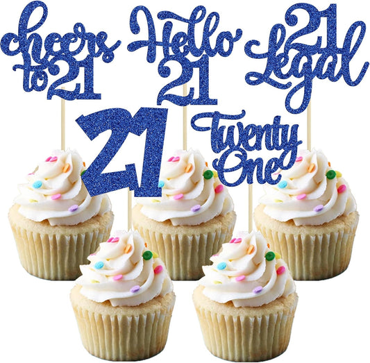 30pcs 21st Birthday Cupcake Toppers - Legal 21st Cupcake Picks - Cheers to 21 Years Old Cake Decorations - Deep Blue Glitter