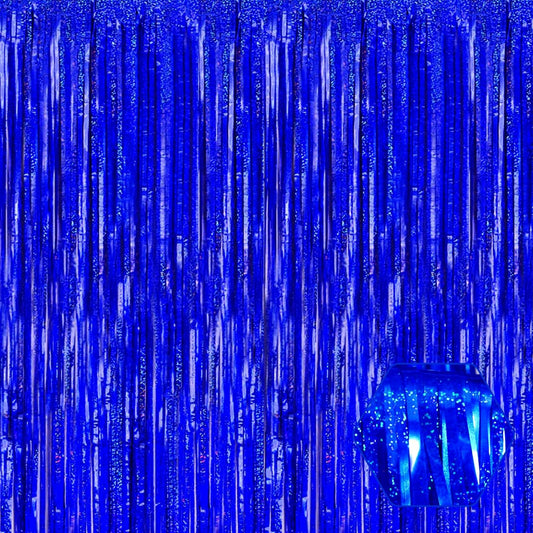 3 Pack Blue Foil Fringe Curtain Backdrop, 3.28Ft x 8.2Ft Metallic Tinsel Foil Fringe Streamer Curtains for Photo Booth, Mother's Day, Easter, Birthday, Wedding Party Decorations
