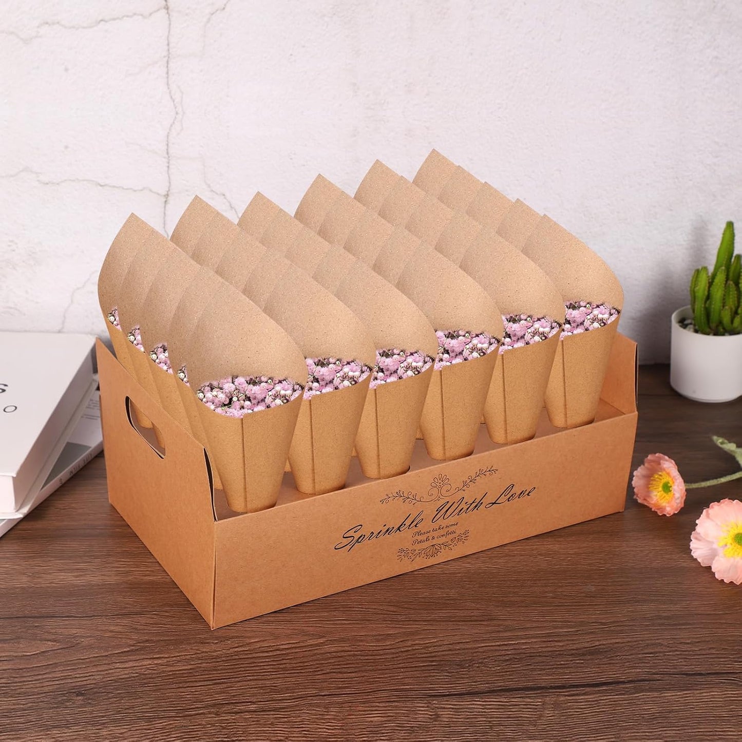 PATIKIL Wedding Confetti Cones, 120 Pcs Paper Tapers Cone Flower Petal Paper Cone Holder for Party Engagement Holiday Birthday DIY Decoration, Brown