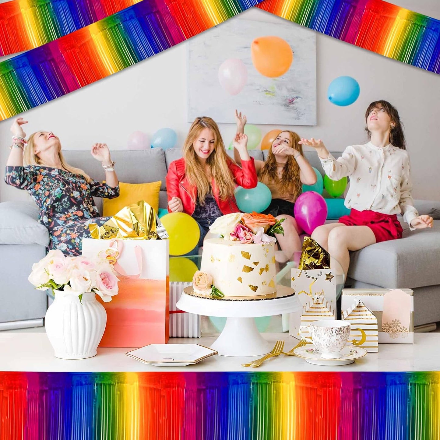 6 Pack 10 Ft Dark Rainbow Foil Fringe Garland Metallic Streamers Tinsel Banner Wall Hanging Garland Backdrop for Parade Floats, Halloween, Christmas, Thanksgiving, New Year Party Decorations