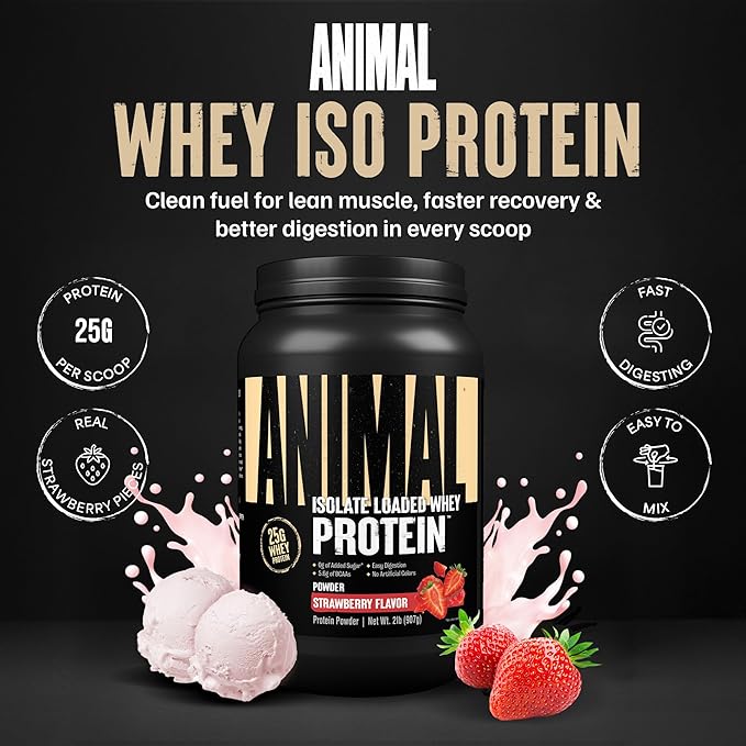 Animal Whey Isolate Protein Powder - Loaded for Pre & Post Workout Muscle Builder and Recovery with Digestive Enzymes for Men & Women - 25g Protein, Great Taste, Low Sugar - Strawberry 2 lbs