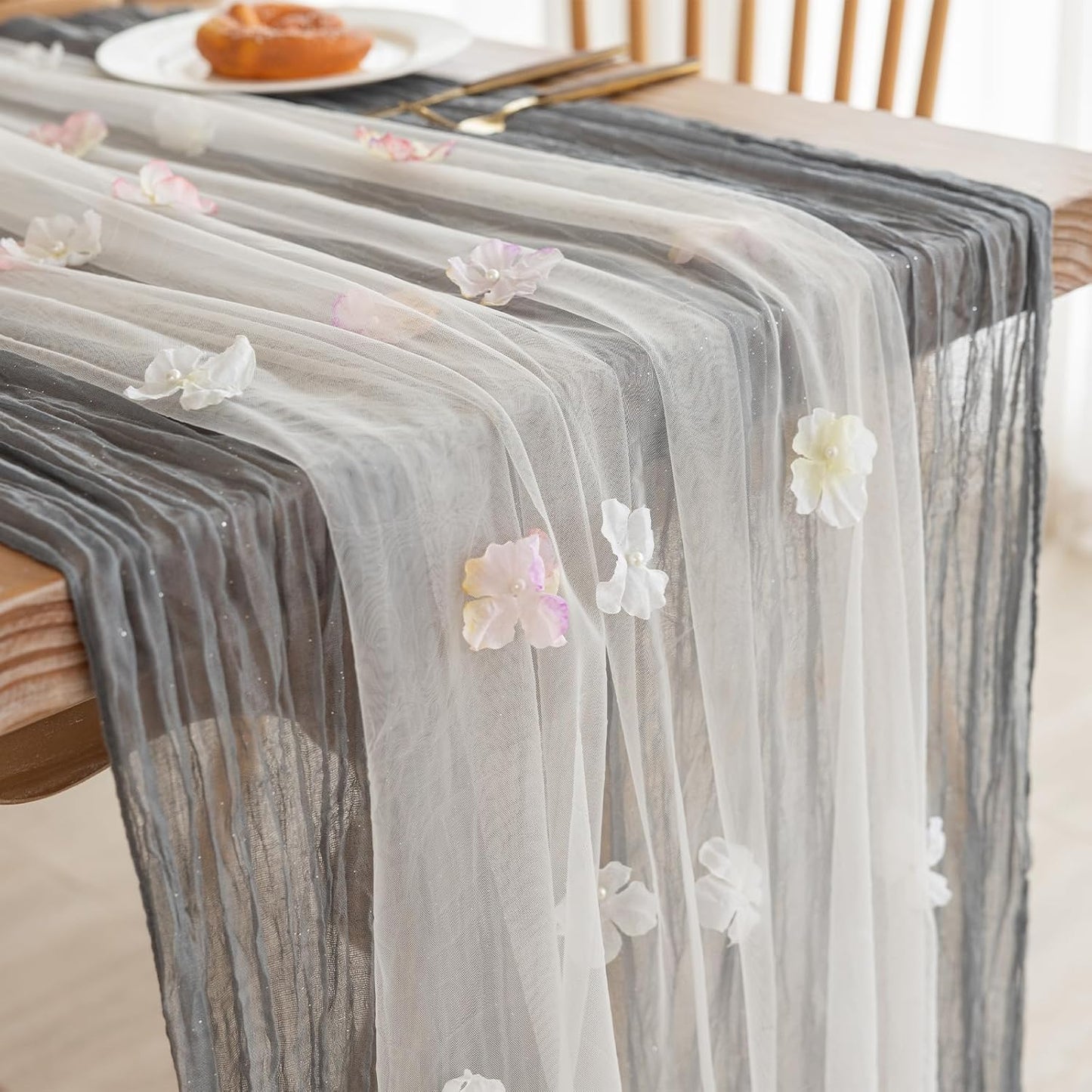 Romantic Artificial Floral Table Runner 10ft Gauze Tulle Lace Table Runner Set for Wedding Baby Shower Bridal Shower Holiday Kitchen Dining Table Decoration for Home Party Special Occasion