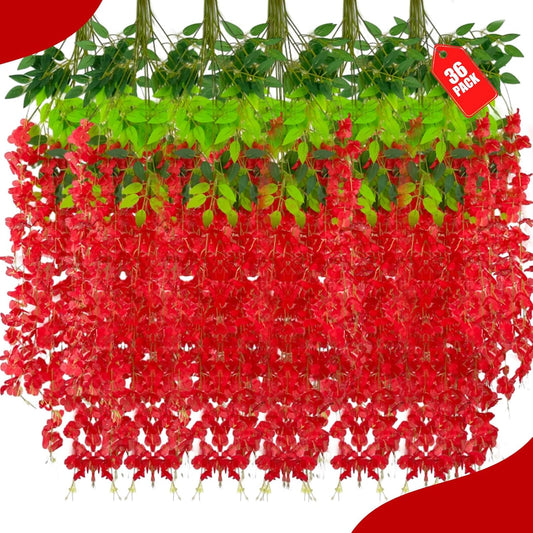36 Pack Red Wisteria Hanging Flowers, 3.44 Ft Fake Hanging Flowers, Artificial Wisteria Garland Vines for Wedding Room Backdrop Outdoor Patio Garden Decoration
