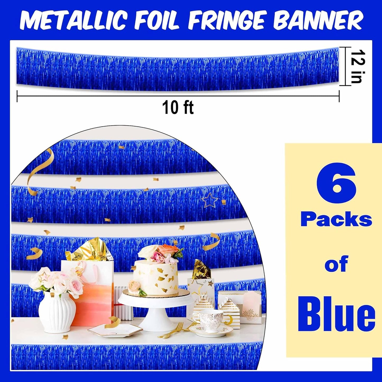 6 Pack 10 Ft Blue Foil Fringe Garland Metallic Streamers Tinsel Banner Wall Hanging Garland Backdrop for Parade Floats, Halloween, Christmas, Thanksgiving, New Year Party Decorations