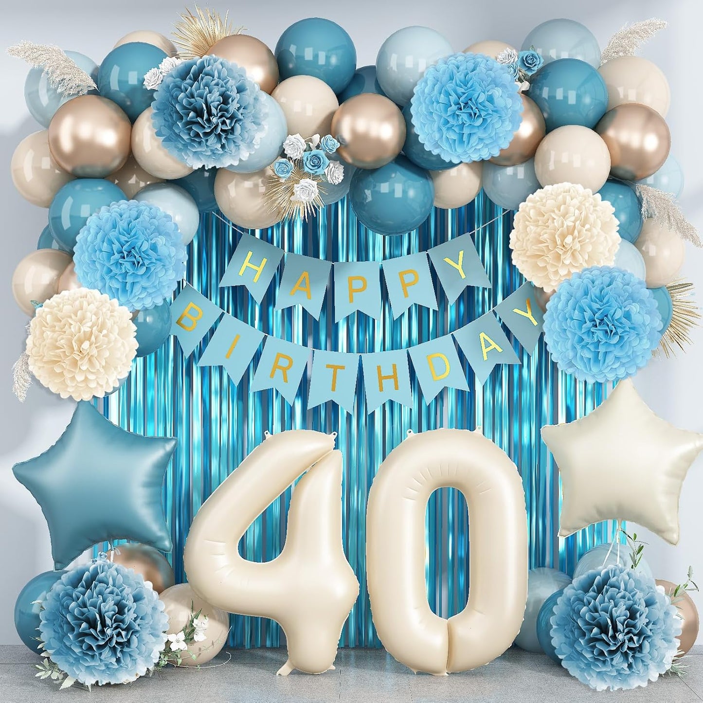 Dusty Blue 40th Birthday Party Decorations for Women Men Beige Cream Number 40 Balloon with Blue Gold Happy Birthday Banner Fringe Curtain Paper Pom Poms Nude White Sand Champagne Star Foil Balloons