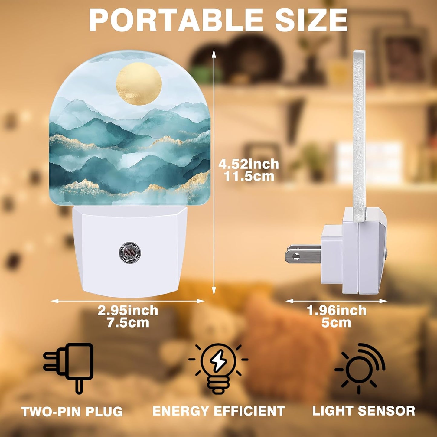 Night Lights Plug into Wall Abstract Mountains and Sun Night Light Dusk to Dawn Smart Sensor Decorative Round Led Lamp for Bedroom Kitchen Hallway Nightlight for Women Men