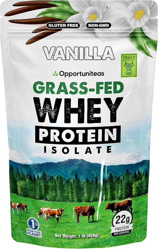 Opportuniteas Grass Fed Vanilla Whey Protein Isolate Powder - 22g Protein Powder Without Artificial Sweeteners, Hormone-Free Cows, Non GMO - 1lb