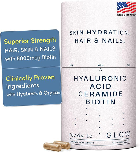 Glow Anti Aging Supplement - Hyabest® Hyaluronic Acid, Ceramide, 5000 mcg Biotin, Vitamin A, C, E, Zinc - Hair Skin Nails Vitamins for Women & Men - Wrinkles & Skin Hydration - 60 Capsules