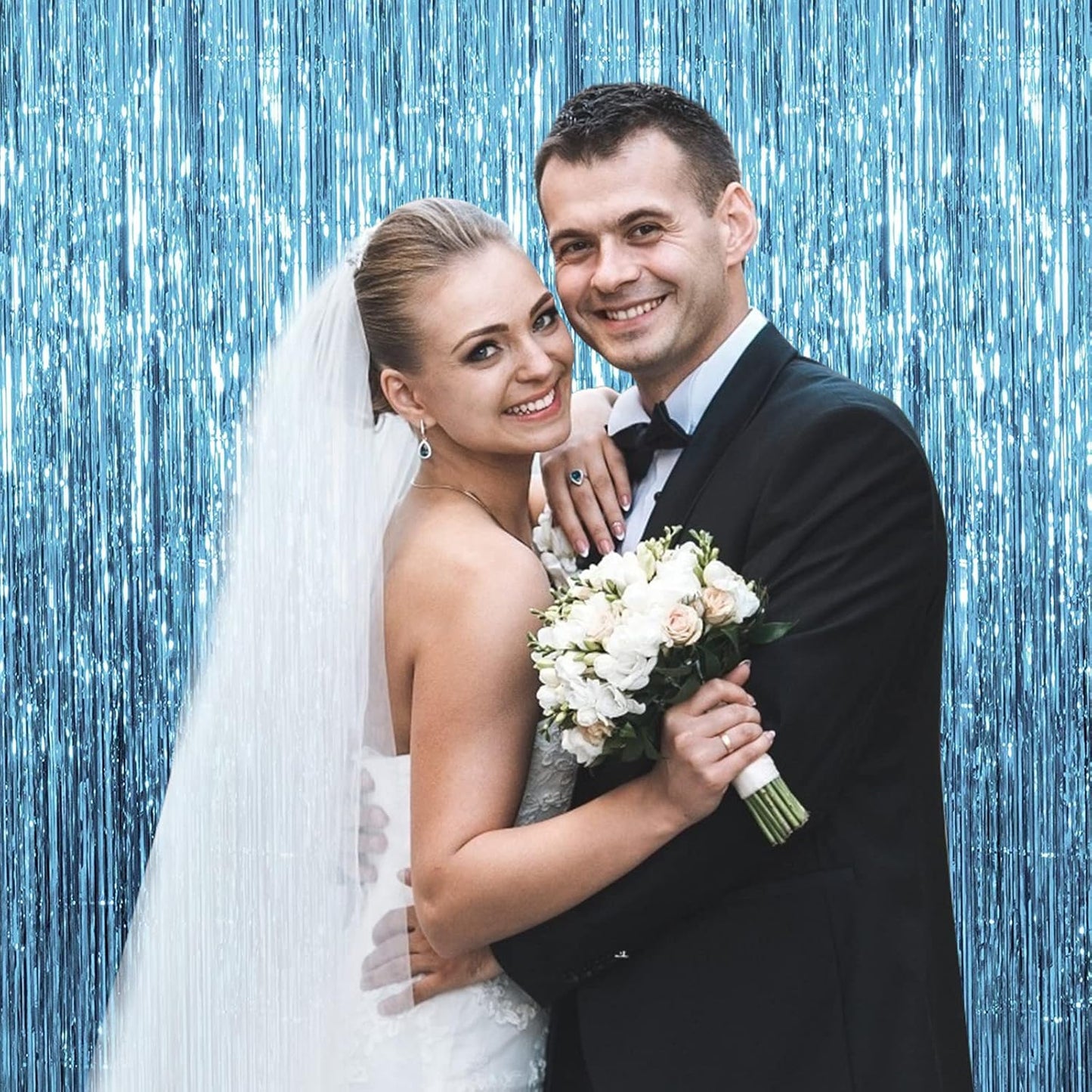 20 Pack Foil Curtain Backdrop Blue Metallic Tinsel Foil Fringe Curtains Photo Booth Props for Birthday Wedding Engagement Baby Shower Bachelorette Christmas Holiday Celebration Party Decorations