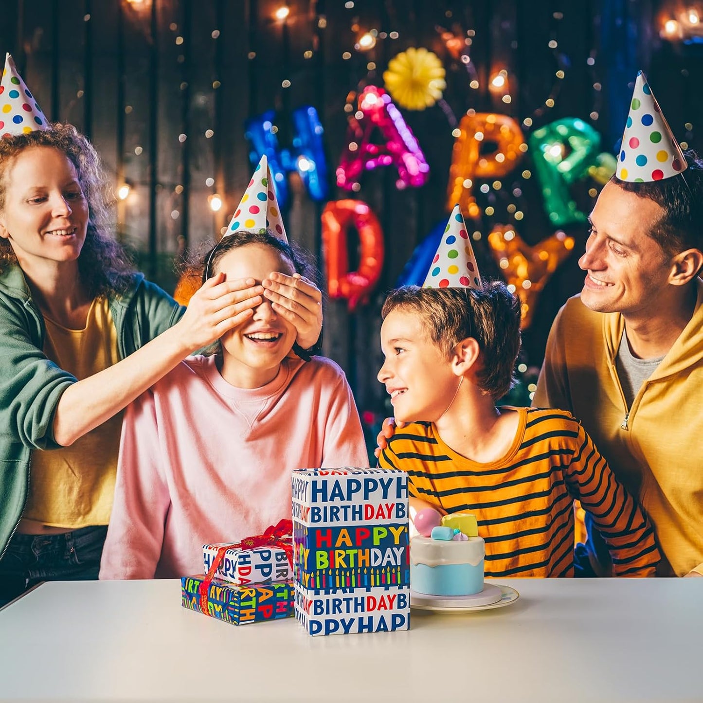 Birthday Wrapping Paper Roll - 30 Inch X 33 Feet - Reversible Metallic Foil Navy Blue Party Hat Theme Boy Gift Wrap Paper Blue Polka Dot Men Present Sheet for Kid Birthday, Party, Holiday, Celebration