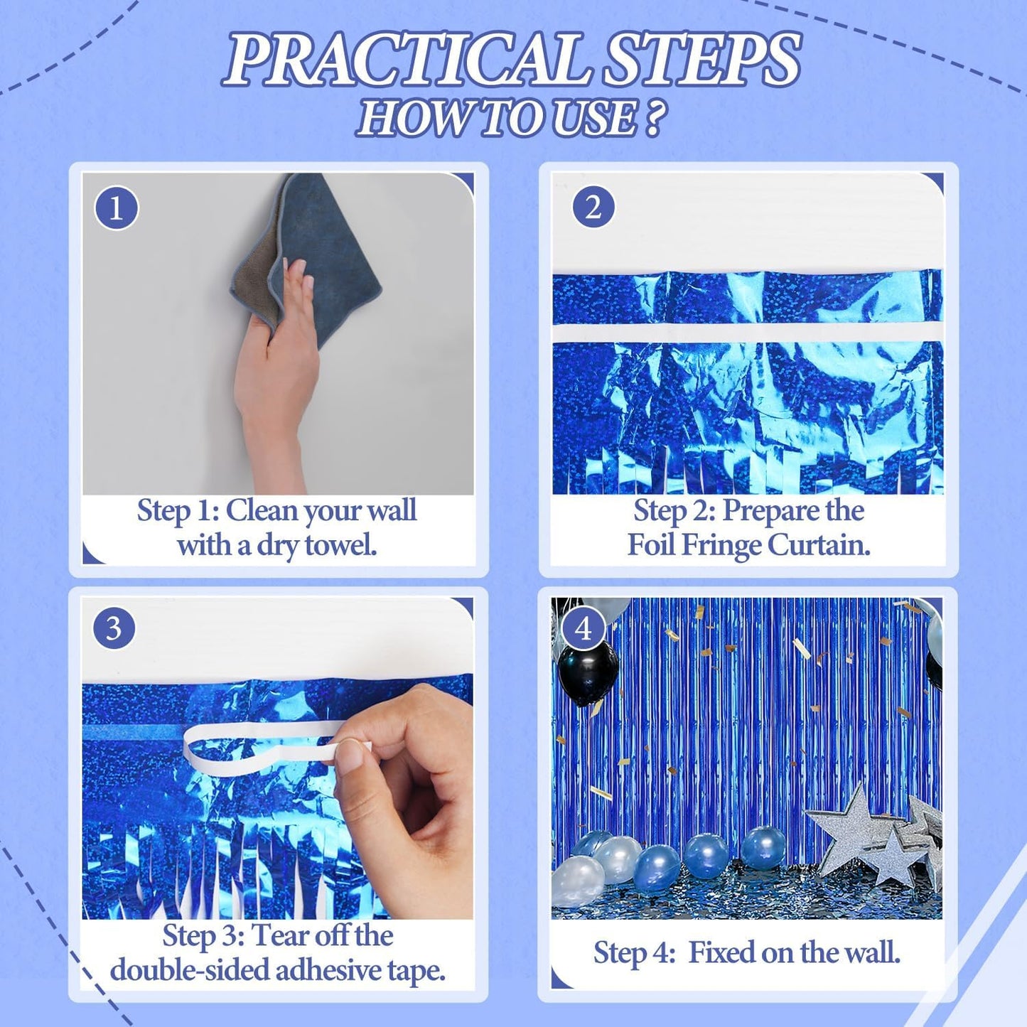 3 Pack Foil Fringe Backdrop - Laser Royal Blue Shiny Tinsel Curtains for Party Decoration/Photo Booth Props - 3.3x8.2 FT Metallic Foil Backdrop for Birthday, Wedding, Graduation, Christmas