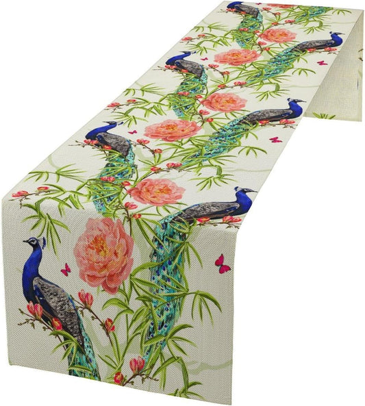 Peacock Table Runner,Seasonal Flower Plants Peacock Birds Table Runner for Home Kitchen Dining Party Indoor Outdoor Decoration 13x70 Inch
