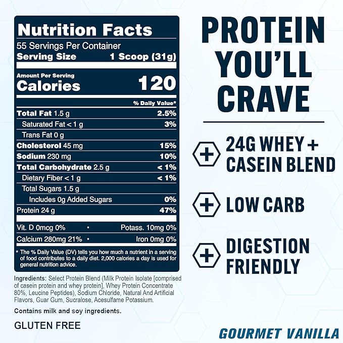 PEScience Select Protein Powder, Whey and Casein Blend, Clean Protein Powder for Women and Men, Low Calorie, Low Carb, Keto Friendly, Gluten Free, Gourmet Vanilla, 55 Servings