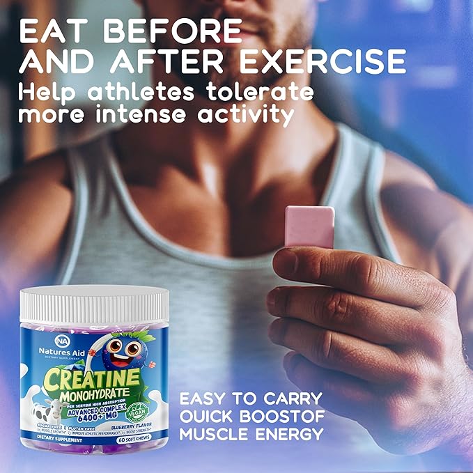 Creatine Monohydrate Chews Complex for Men & Women -Advanced Formula W/L-Taurine + Vitamin B12, Sugar Free Chewable Supplement,60 Blueberry Softchews