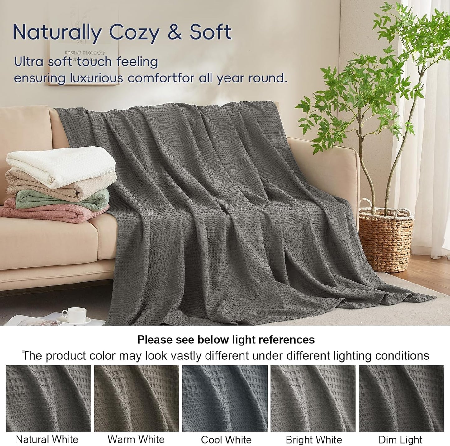 PHF Lightweight Waffle Weave Blanket King Size, Breathable & Ultra Soft, 104"x 90" Soft & Cozy Thin Blanket for All Season & Hot Sleepers, Bed, Home Decor - Grey