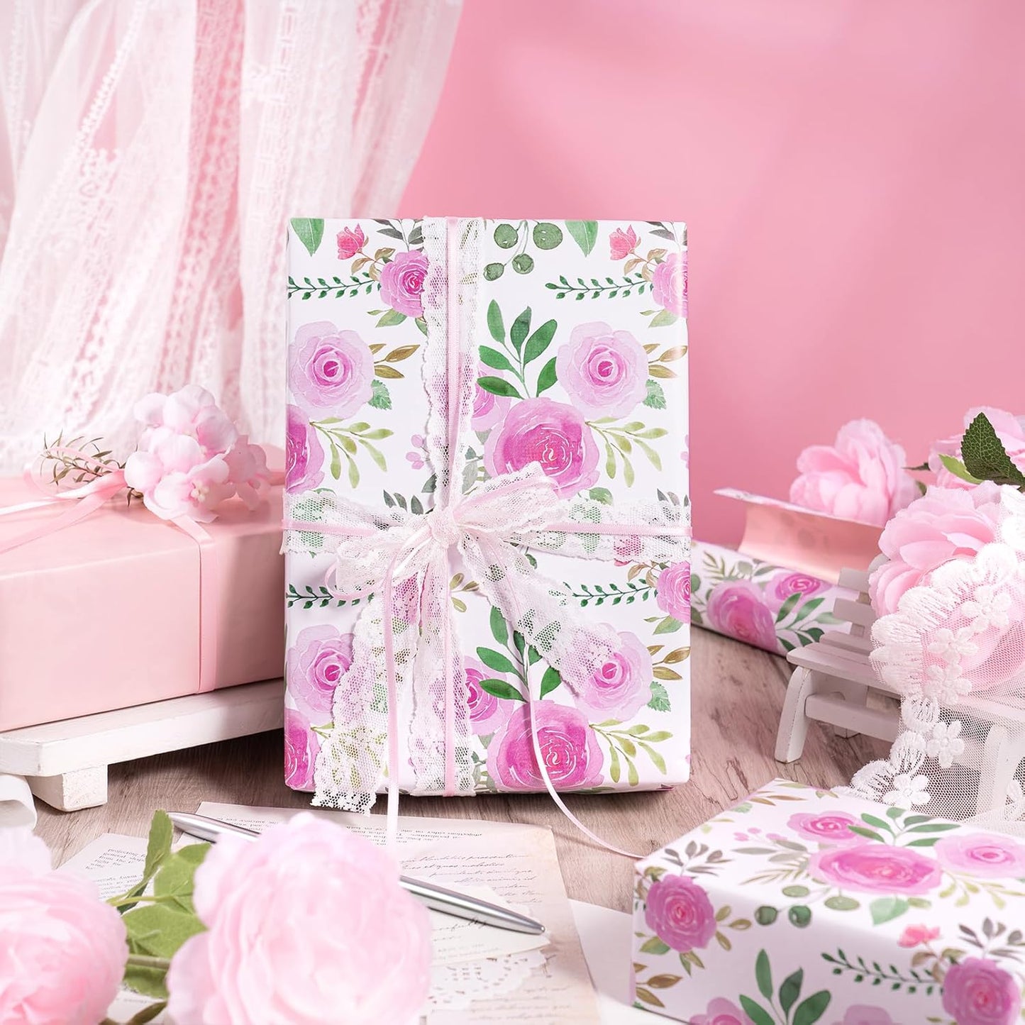 RUSPEPA Reversible Floral Wrapping Paper Roll, Mini Roll, Pink Rose Blossom Design and Pink Solid Color, Elegant Gift Wrap for Birthday, Wedding, Mother's Day, Bridal Shower, 17 Inches x 16.4 Feet