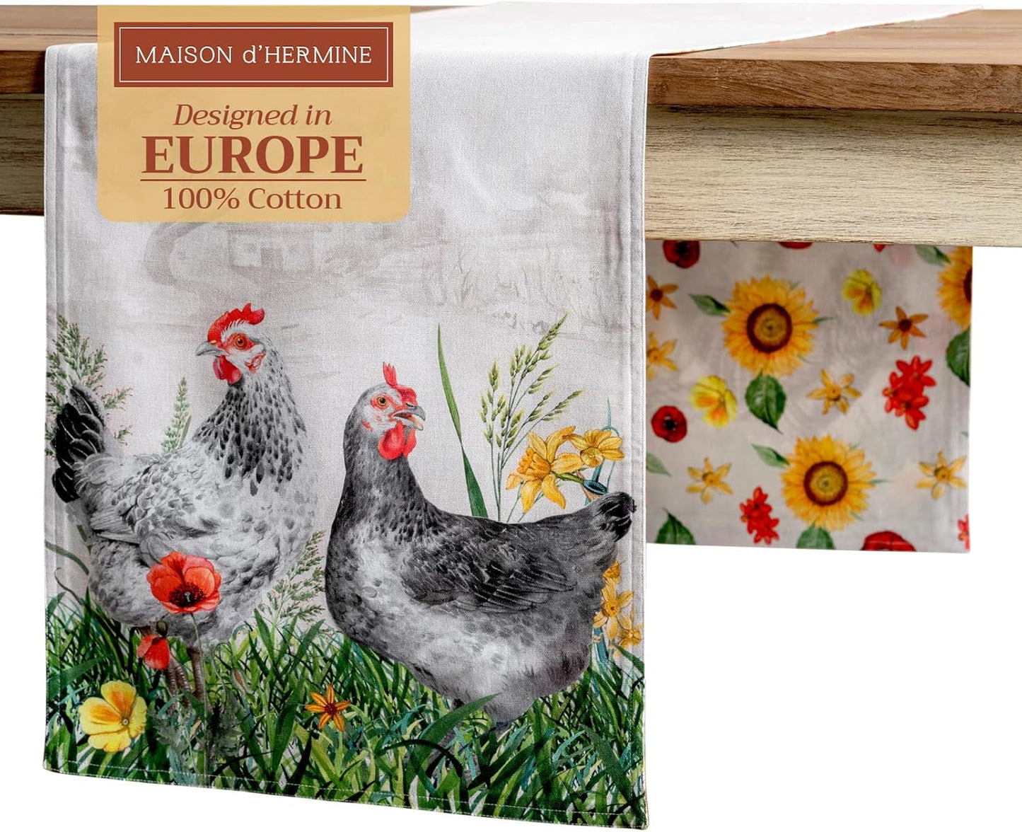 Maison d' Hermine Table Runner 100% Cotton Double Layer Table Runners 108 inches Long Decorative for Home Kitchen Dining Party Wedding Bridal Shower Spring Summer (Basse Cour, 14.50" x 108")