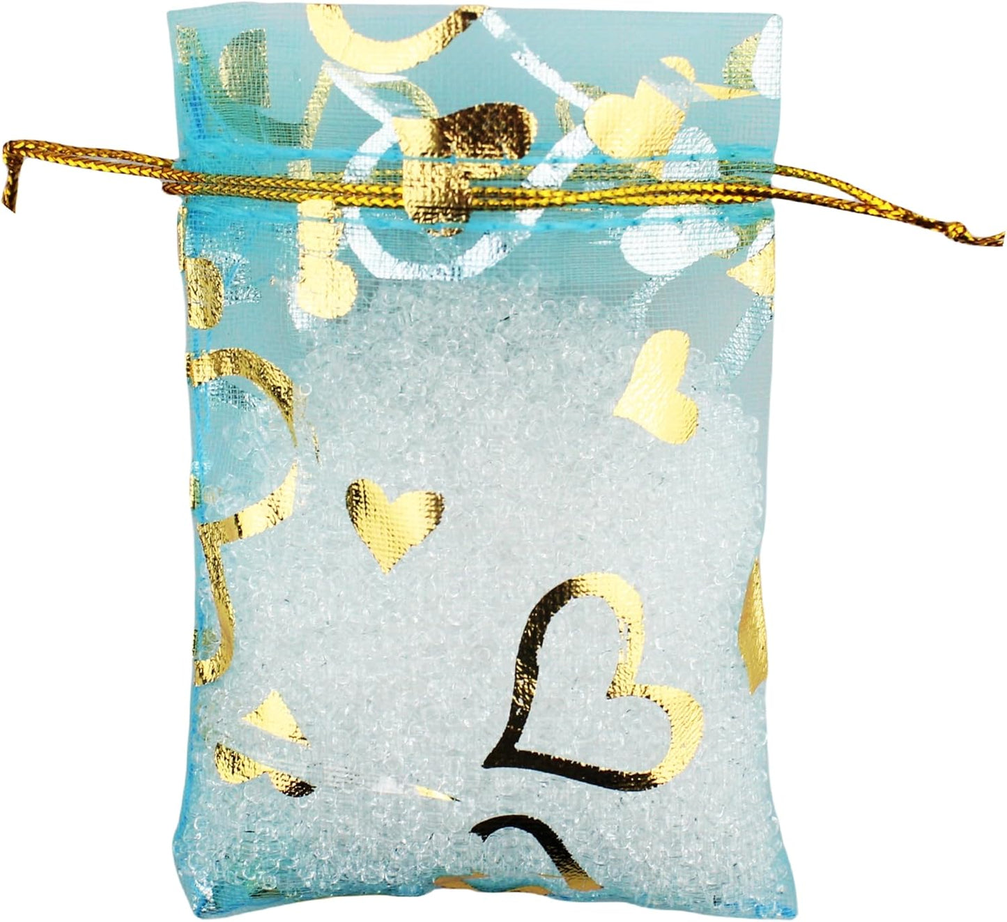 QIANHAILIZZ 100 Pack 2.8 x 3.5 Inch Flower Heart Organza Jewelry Gift Pouch Candy Pouch Drawstring Wedding Favor Bags B511S (turquoise gold heart)