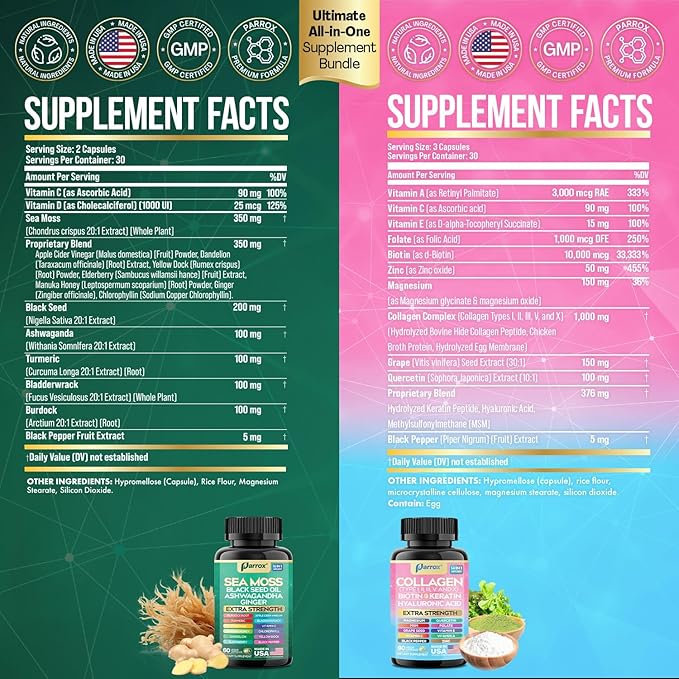 Radiant Wellness Bundle -Sea Moss, Black Seed Oil, Ashwagandha, Ginger, Collagen Types I II III V X, Biotin, Keratin, Hyaluronic Acid, Burdock Root, Turmeric, Vitamin D3, Magnesium (2 Pack)