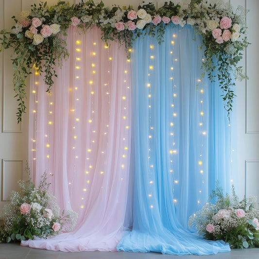 Pink Blue Tulle Backdrop Curtain with Lights String - 10x8ft Sheer Backdrop with 250 LEDs for Wedding, Baby Shower, Bridal Shower, Birthday Party Photo Shoot Background and Home Decorations