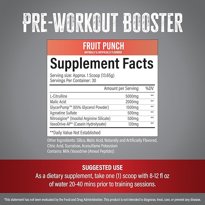 Vigor - Stimulant-Free Nitric Oxide Pre-Workout Powder | L-Citrulline (5000mg), Malic Acid (2000mg), GlycerPump (1500mg)| Fruit Punch| 30 Servings, 13.86g Each | Made in The USA