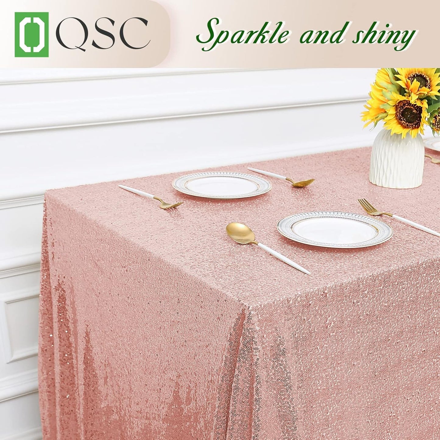 OQSQ Rosegold Sequin Tablecloth 50x80 inch, Glitter Drape Table Cloth, Sparkle Sequence Table Overlays for Thanksgiving Day Wedding Birthday Party Baby Bridal Shower