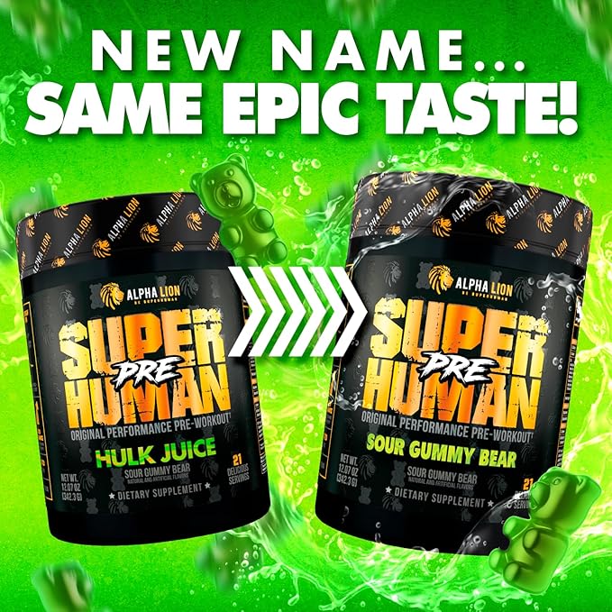 ALPHA LION Superhuman Pre Workout Powder, Beta Alanine, L-Taurine & Tri-Source Caffeine for Sustained Energy & Focus, Nitric Oxide & Citrulline for Pump (21 Servings, Sour Gummy Bear Flavor)