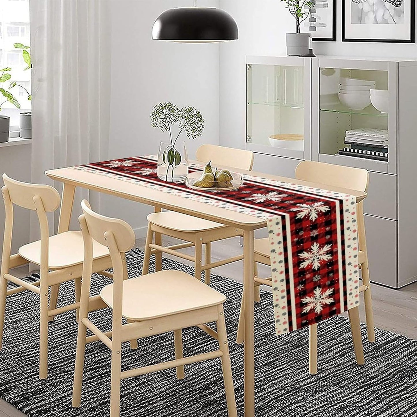 Snowflakes Christmas Table Runner,Red Buffalo Plaid Seasonal Winter Kitchen Dining Table Decoration for Home Party Decor 13x36 Inch