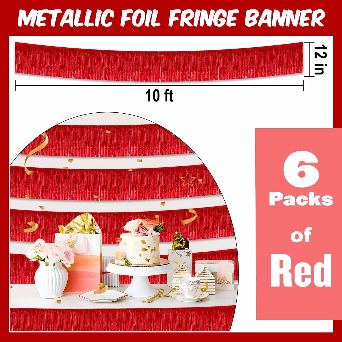 6 Pack 10 Ft Red Foil Fringe Garland Metallic Streamers Tinsel Banner Wall Hanging Garland Backdrop for Parade Floats, Halloween, Christmas, Thanksgiving, New Year Party Decorations