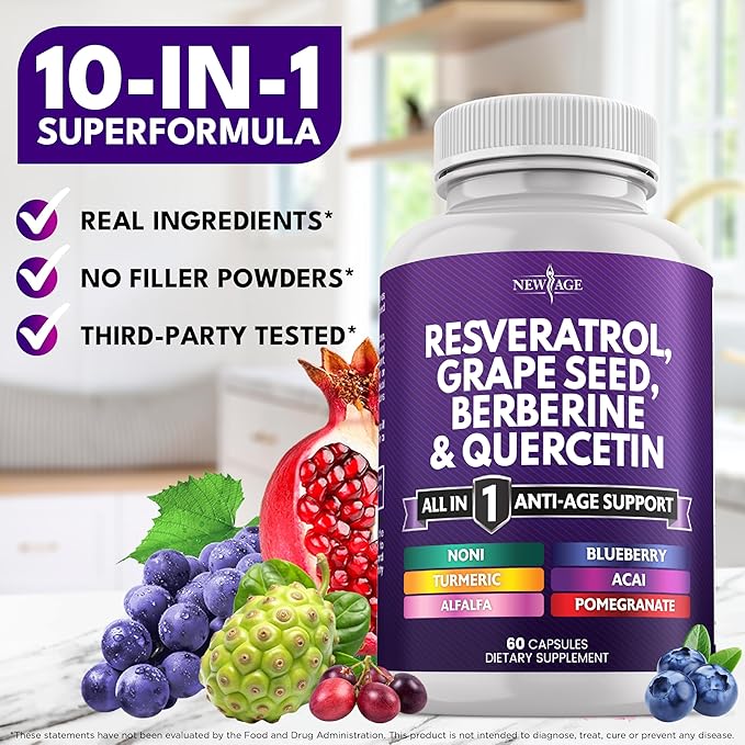 NEW AGE Resveratrol, Berberine, Grape Seed Extract, Quercetin, Polyphenol Supplement for Women and Men with Noni Extract, N-Acetyl Cysteine, Acai Extract - 120 Capsules