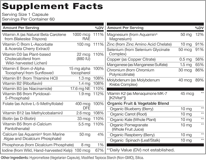 NATURELO Mens Multivitamins - One Daily Multivitamin for Men with Vitamins, Minerals & Organic Whole Foods, Boost Energy & Health, Non-GMO, 60 Vegetarian Capsules