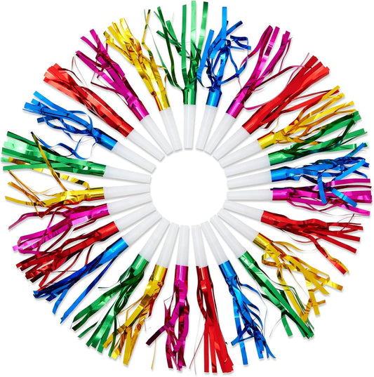 Juvale Party Noise Makers & Horns 50-Pack 5 Colors - Plastic Blow Pipes with Tinsel Fringe - Bulk Party Blowers - Birthday & Sporting Event Favors
