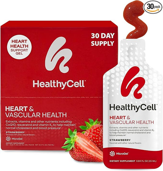 Healthycell Heart & Vascular Health Daily Liquid Supplement - Blood Pressure & Cholesterol Support with Beet Root Powder, Resveratrol, CoQ10, Omega-3 & Vitamin K - 30 Gel Packs