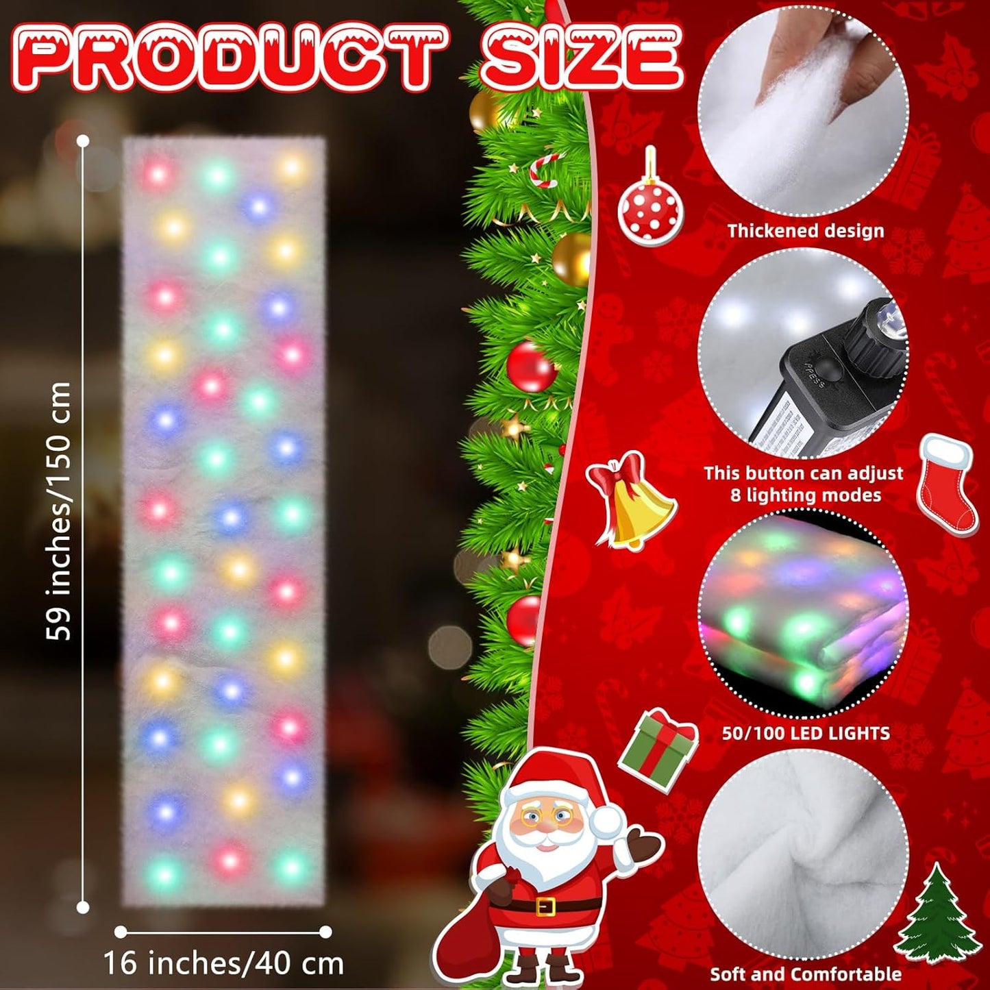 VIHOSE Christmas Snow Blanket with LED Lights String Pre Lit Artificial Fake Snow Blanket Roll Lighted Table Runner for Christmas Tree Village Display Winter Holiday Decor(Colorful Light,59'' X 16'')