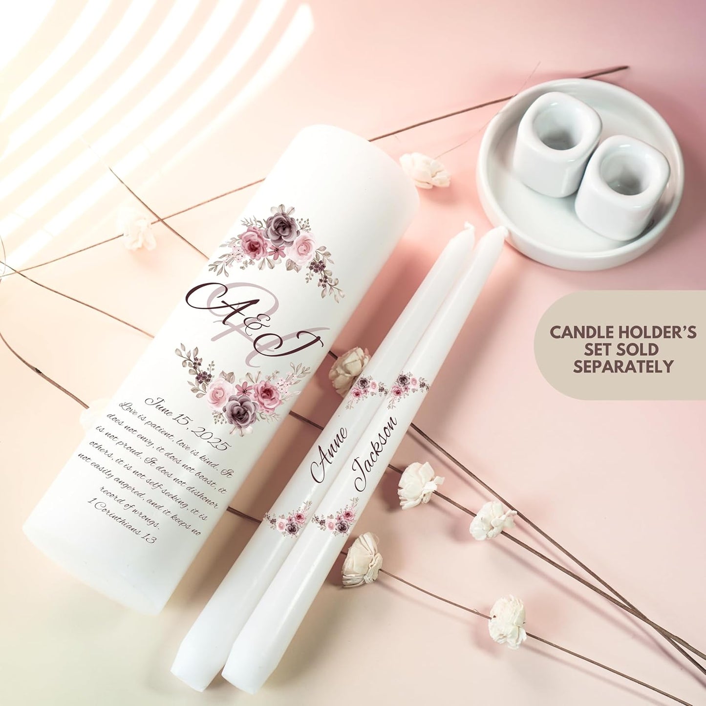 Unity Candles for Wedding, Modern Unity Set, Custom and Personalized Pillar and Taper Candles with Bible Quote, Unscented White Premium Wax, Religious and Wedding Ceremony, Special Events (Clover)