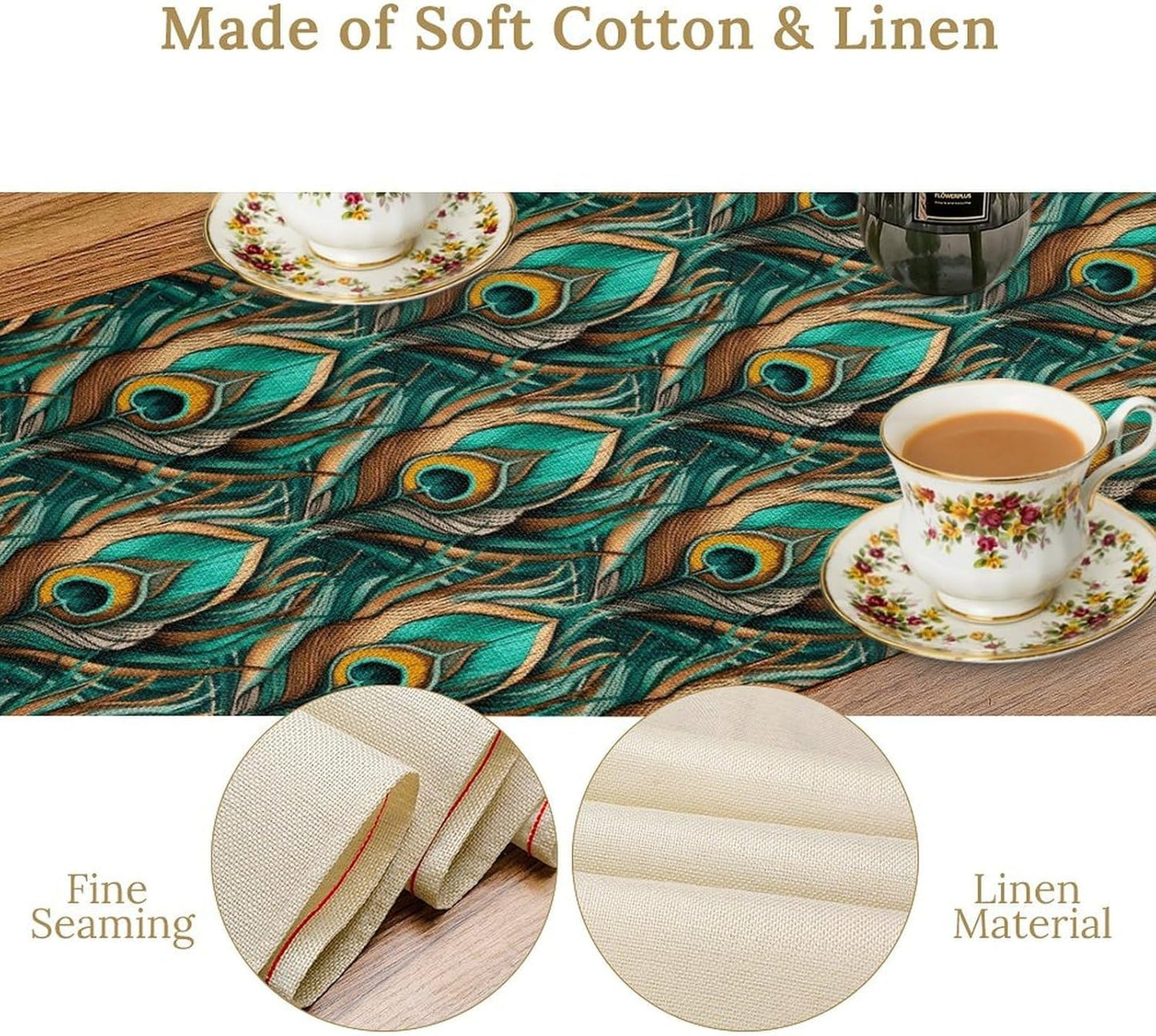 Peacock Feather Table Runner,Retro Aesthetic Green Table Runner for Home Kitchen Dining Party Indoor Outdoor Decoration 13x60 Inch