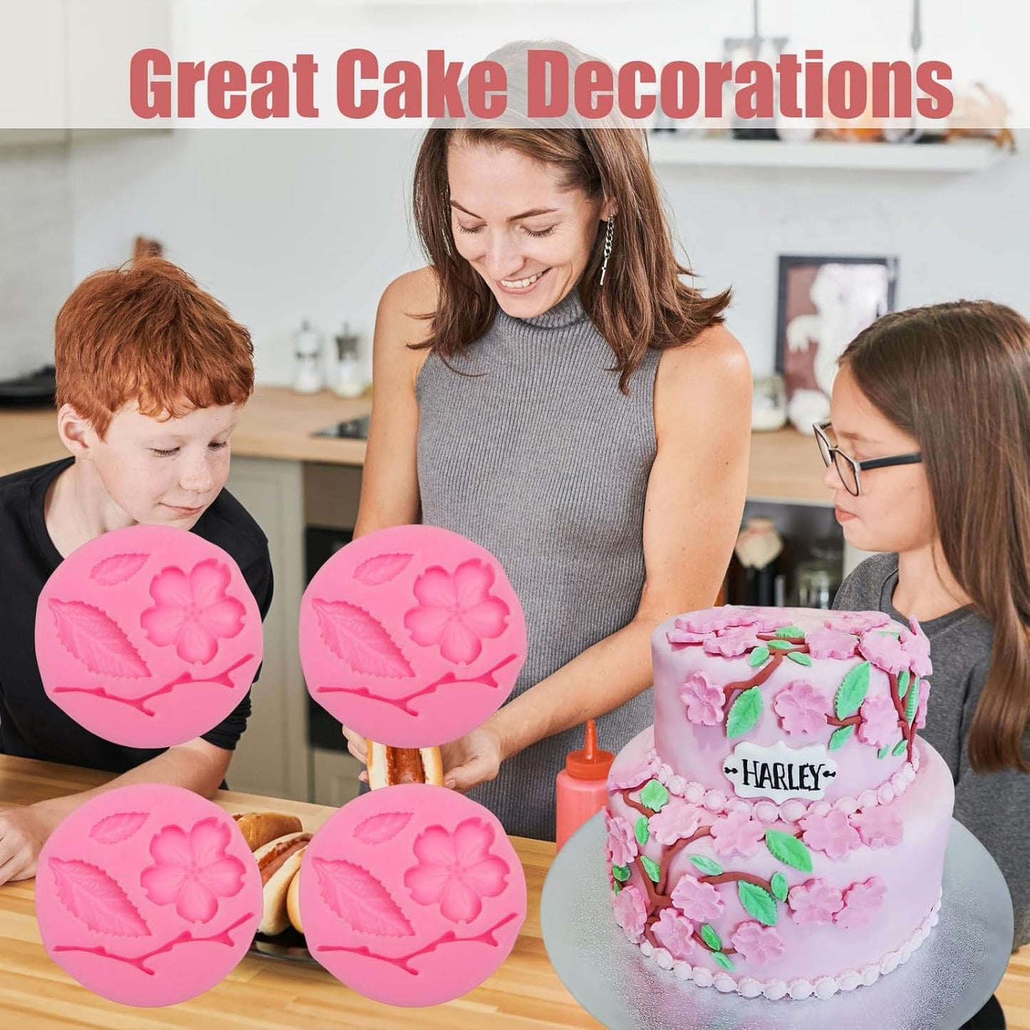 Peach Blossom Shape Molds 4 Pcs, Plant Flowers Leaf Fondant Silicone Molds for Cake Decoration Candy Sugar Cupcake Topper Cake Pop Popsicle Polymer Clay Crafts